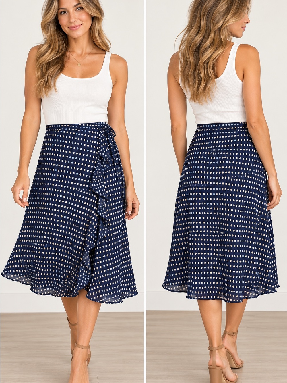 LOFT Ann Taylor 100% Silk Navy and White Polka Dot Wrap Midi Skirt